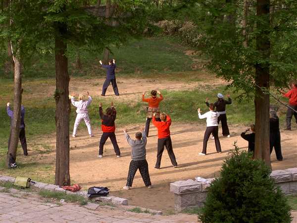 Grup njerëzish duke praktikuar qigong në park